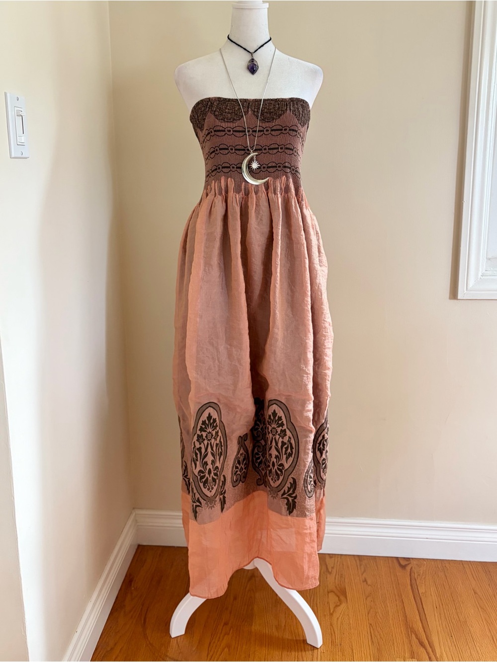Vintage Y2K fairy paisley floral babydoll maxi dress peach pink boho lapis M